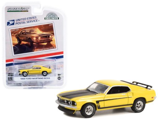 1969 Ford Mustang BOSS 302 Yellow with Black Hood and Stripes USPS by Greenlight