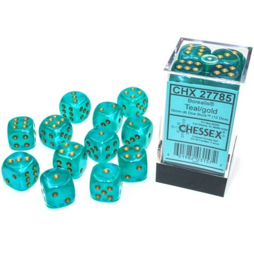 Borealis Teal/gold Luminary 16mm d6 Dice Block (12 dice)