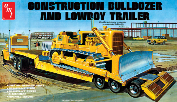 Skill 3 Model Kit Construction Bulldozer and Lowboy Trailer Set of 2 Pieces 1/25 Scale Model by AMT