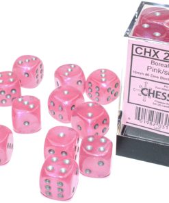 Borealis Pink/silver Luminary 16mm d6 Dice Block (12 dice)