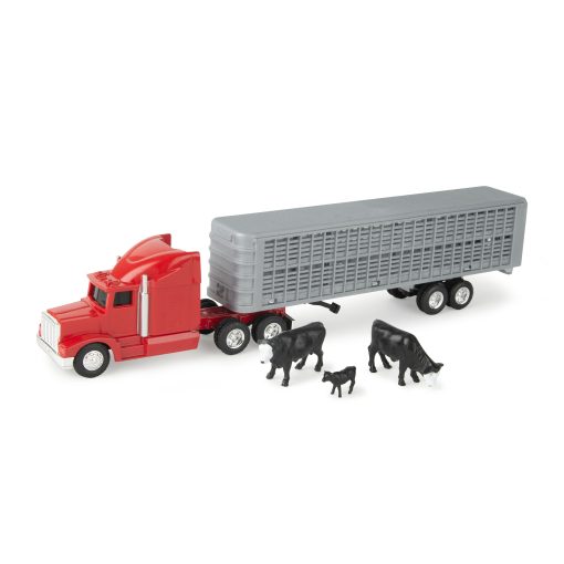 1/64 Red Semi Truck with Cattle Trailer and Cattle