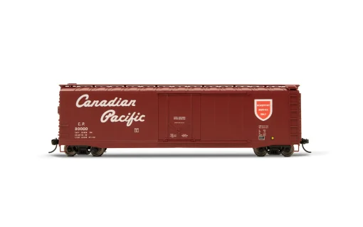50' Plug-Door Boxcar w/Roofwalk - Canadian Pacific #80000 (Boxcar Red, red, white, Script Lettering, Newsprint) - Ready to Run