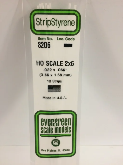 8206 - .022" X .066" / .6mm X 1.7mm OPAQUE WHITE POLYSTYRENE HO SCALE STRIPS (2X6)